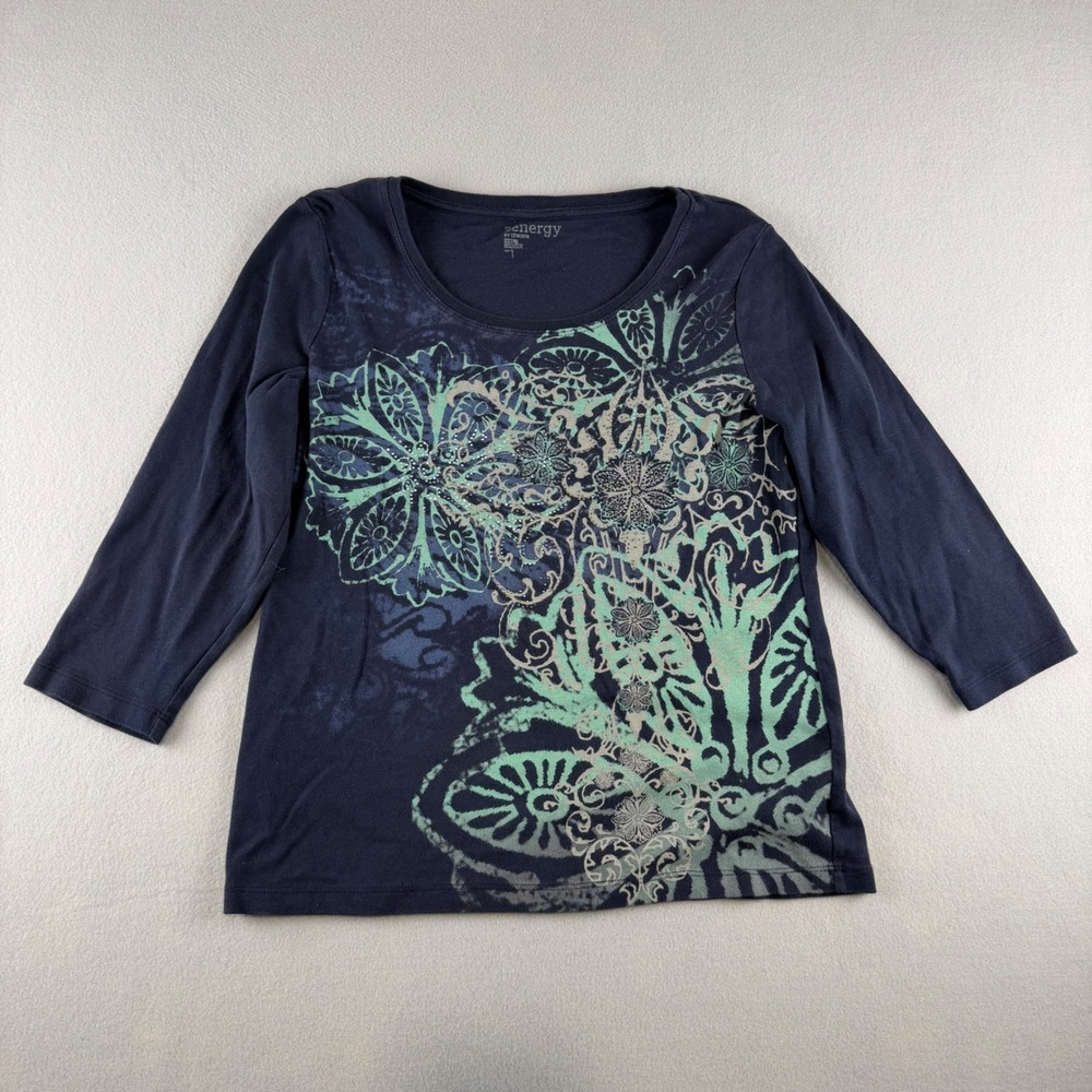Vintage Zenergy by Chico's Navy Blue Teal Floral  Rhinestone Top SS/M
